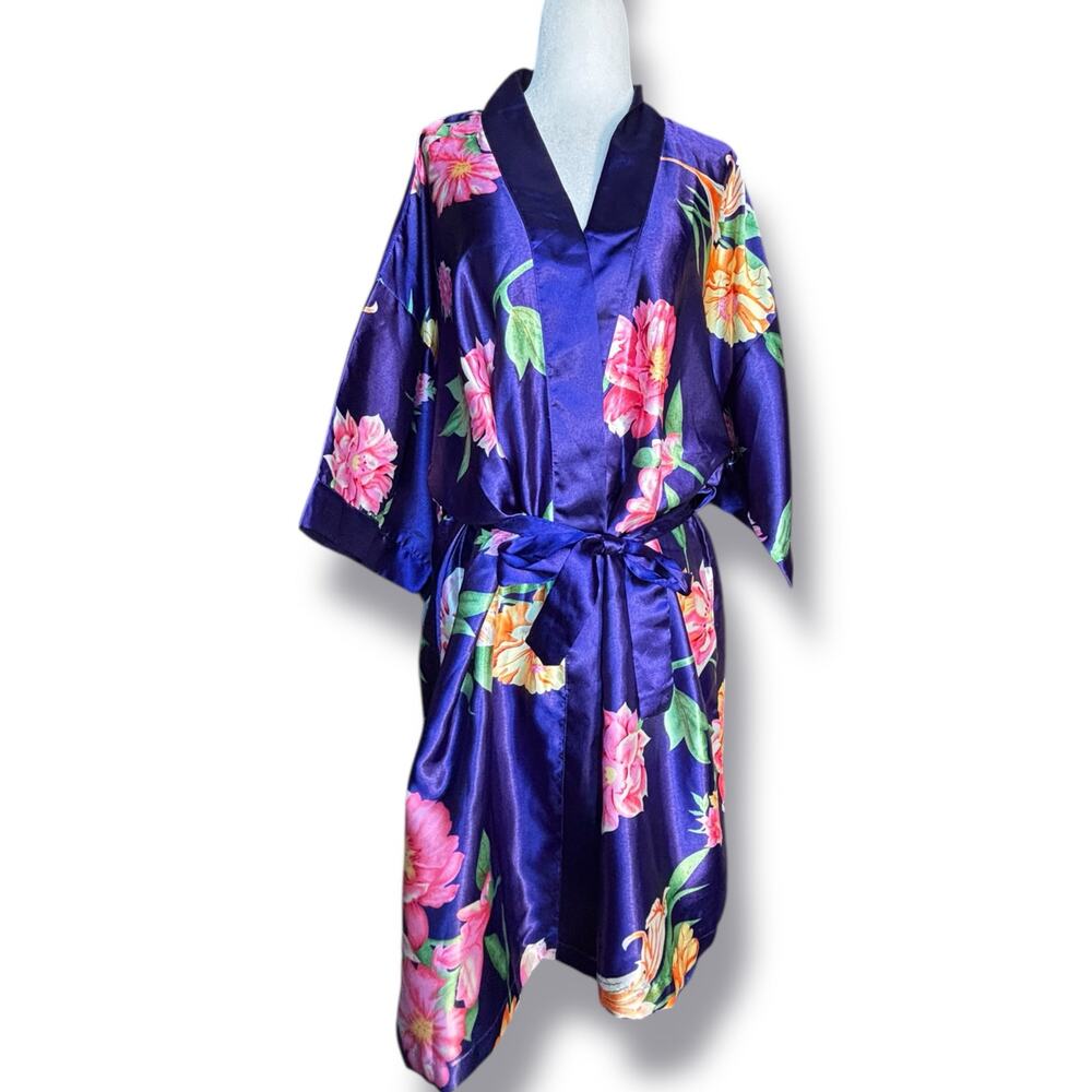 Vintage Sante Floral Satin Robe Blue Pink Kimono Belted Small Resort Lounge